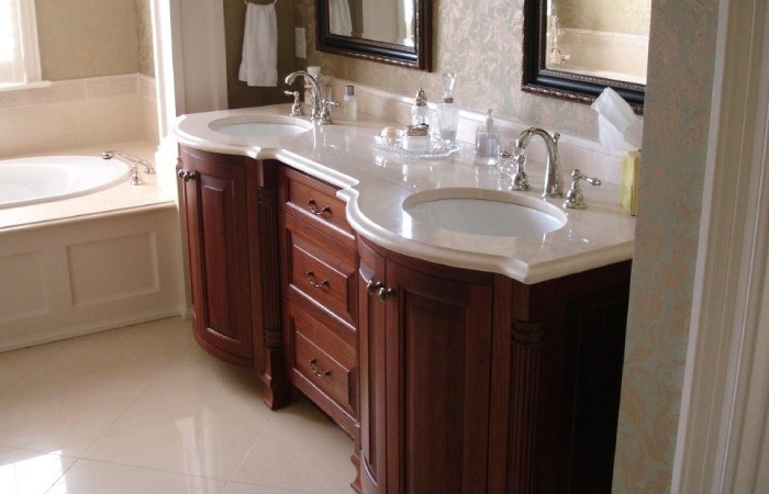 Single bathroom vanity or double sink vanities can be designed or redesigned with stock or custom cabinets 